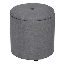Grey Fabric Round Storage Accent One Button-Tufted Ottoman
