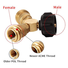 Propane Y Splitter Tee Adapter Connector, Brass Propane Tank Adapter Gas Fitting with 1-Male QCC and 2-Female QCC Fits for Newer ACME and Older POL Thread for Most BBQ grill, Heater, Stove, Camper