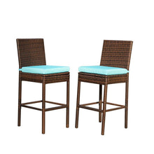 Sundale Outdoor 2 Pcs All Weather Patio Furniture Set Brown Wicker Barstool with Cushions, Blue