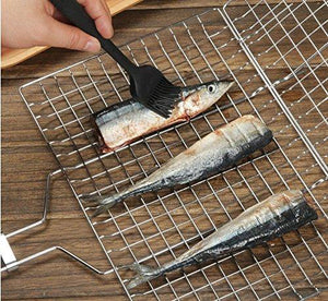 BBQ Grilling Basket Set Includes Grill Mat, Grill Brush, Silicone Basting Brush and Free BBQ Grilling Basket 430 Stainless Steel Removable Wooden Handle