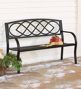 Celtic Knot Patio Garden Bench Park Yard Outdoor Furniture, Cast and Tubular Iron Metal, Powder Coat Black Finish, Classic Decorative Design, Easy Assembly 50 L x 17 1/2 W x 34 1/2 H