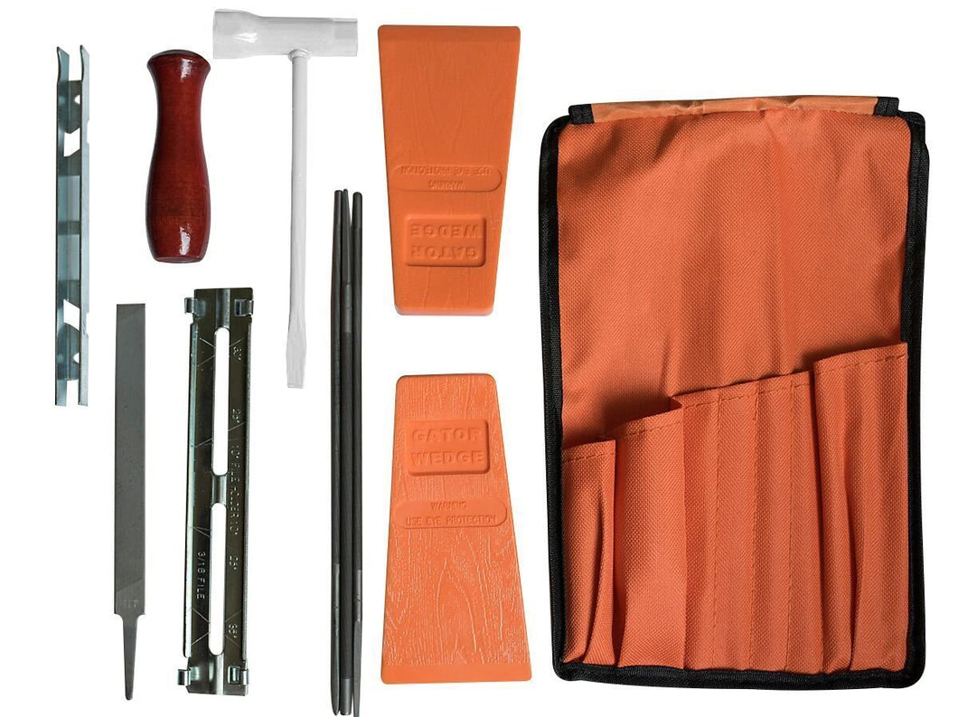 2 - 5.5" USA Made Felling Wedge, 1 Chainsaw Wrench, And 1 - 8 Piece Chainsaw Sharpener File Kit - 5/32, 3/16, and 7/32 Inch Files, Wood Handle, Depth Gauge, Filing Guide, and Tool Pouch. 3 Piece Bundle