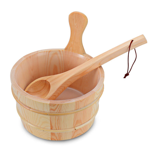 4L Wooden Sauna Bucket with Plastic Liner and Ladle - Handmade Sauna and SPA Accessory - Single Handle (1 Gallon)