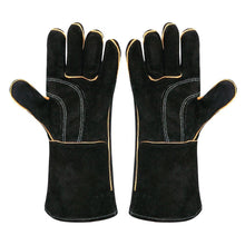 Leather Barbecue Gloves by LeaSeek - Heat Resistant and Flame Retardant Welding Gloves and Fireplace Gloves and Grill Gloves and BBQ Gloves, Heavy duty, Black - 14 "