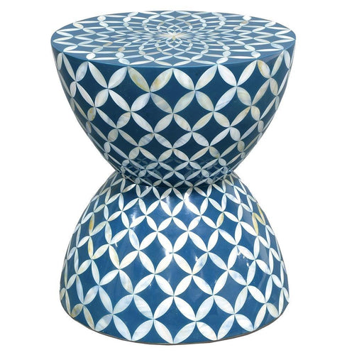 Cornflower Coastal Beach Hourglass Blue White Inlaid Shell Stool Side Table