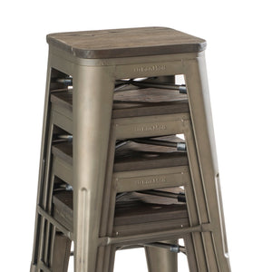 24&quot; Counter Height Bar Stools! (RUSTIC GUNMETAL and Wooden Seat) by UrbanMod, [Set Of 4] Stackable, Indoor/Outdoor, Kitchen BarStools,! 330LB Limit, Metal Bar Stools! Industrial, Steel, Counter Stools!