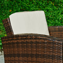 Carabelle Outdoor Wicker Patio 4 Piece Conversation Set with Seat Cushions, Dark Brown and Beige