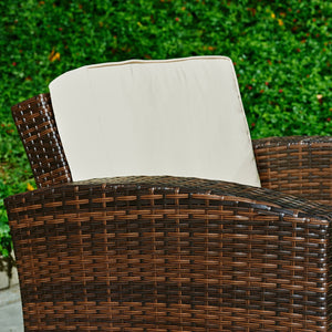 Carabelle Outdoor Wicker Patio 4 Piece Conversation Set with Seat Cushions, Dark Brown and Beige