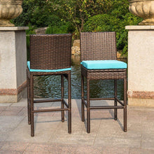 Sundale Outdoor 2 Pcs All Weather Patio Furniture Set Brown Wicker Barstool with Cushions, Blue
