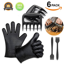 BBQ Grill Accessories Set 6-Piece, The Most Essential Barbecue Tools w/ Best Versatile BBQ Gloves Oven Mitts, Meat Shredder Claws and Silicone Oil Basting Brush for Indoor Outdoor Grilling Cooking