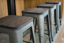 24&quot; Counter Height Bar Stools! (RUSTIC GUNMETAL and Wooden Seat) by UrbanMod, [Set Of 4] Stackable, Indoor/Outdoor, Kitchen BarStools,! 330LB Limit, Metal Bar Stools! Industrial, Steel, Counter Stools!