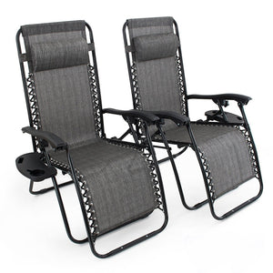 Belleze Premium Patio Chairs Zero Gravity Folding Recliner and Drink Tray, Set of 2, Gray