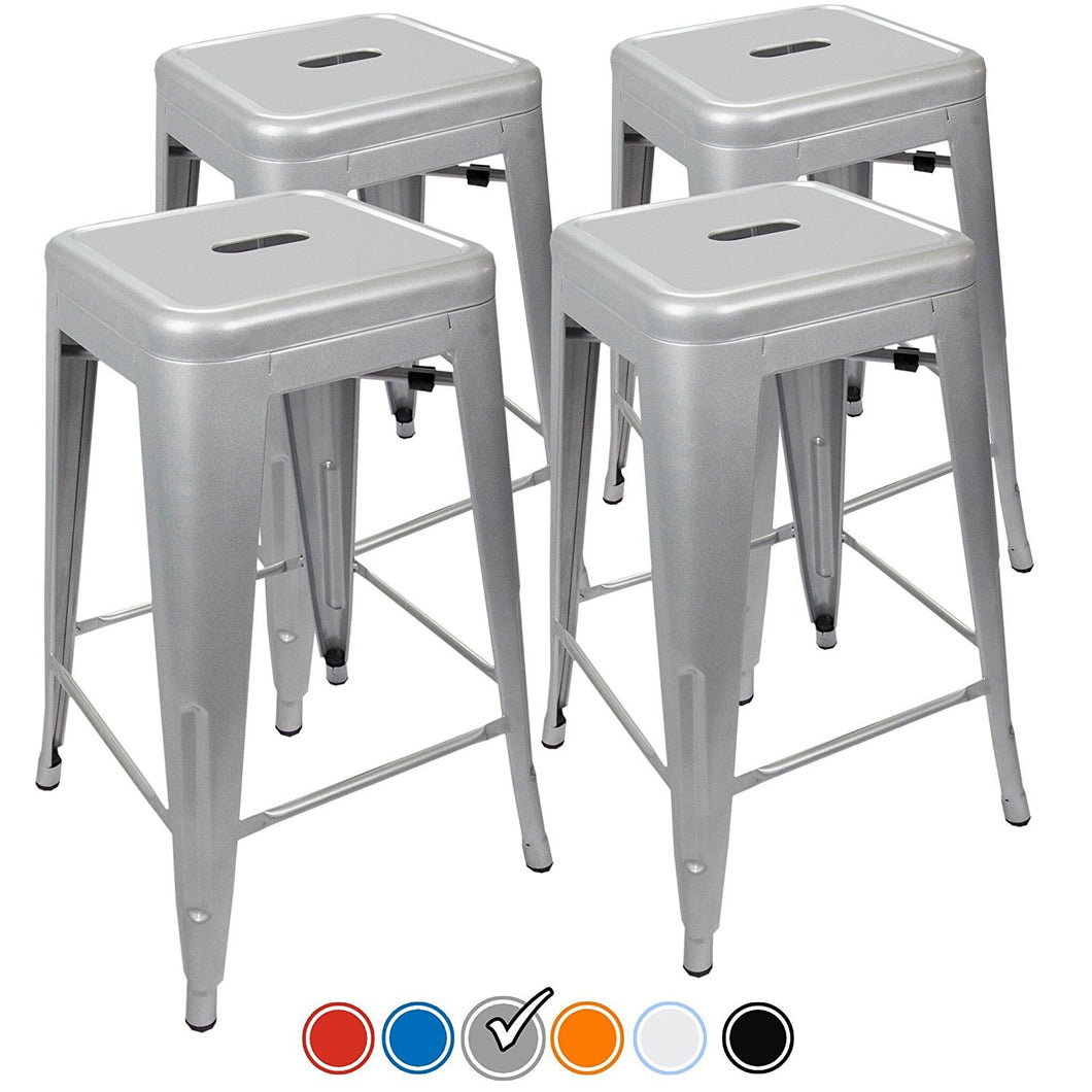 24” Counter Height Bar Stools! (SILVER) by UrbanMod, [Set Of 4] Stackable, Indoor/Outdoor, Kitchen Bar Stools,! 330LB Limit, Metal Bar Stools! Industrial, Galvanized Steel, Counter Stools!