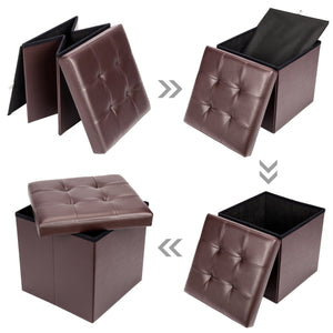 Bonnlo Leather Folding Organizer Seat Storage Ottoman Bench, Footrest Stool Coffee Table Cube Portable Camping Fishing Stool,Clutter Toys Collection Quick and Easy Assembly 15x15x15 Inches (Brown)