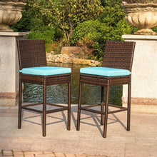 Sundale Outdoor 2 Pcs All Weather Patio Furniture Set Brown Wicker Barstool with Cushions, Blue