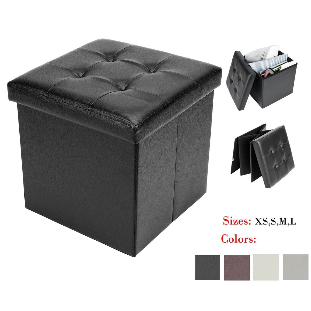 Bonnlo Leather Folding Organizer Seat Storage Ottoman Bench, Footrest Stool Coffee Table Cube Portable Camping Fishing Stool,Clutter Toys Collection Quick and Easy Assembly 15x15x15 Inches (Black)