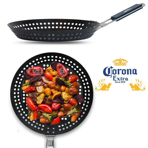 Corona BBQ Grill Accessories Set – Round 12” sized Grilling Basket for Fish, Meat and Vegetable Bbq Grill Stainless Steel Basket with Folding Wood Grip Handle Perfect for Camping Cookware Set