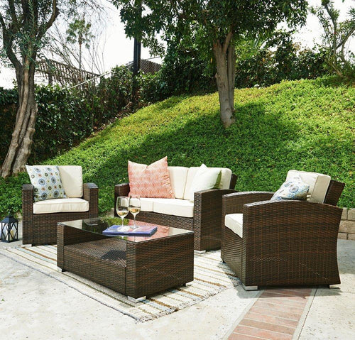 Carabelle Outdoor Wicker Patio 4 Piece Conversation Set with Seat Cushions, Dark Brown and Beige