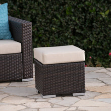 Malibu Outdoor 16 Inch Multibrown Wicker Ottoman Seat with Beige Water Resistant Cushion