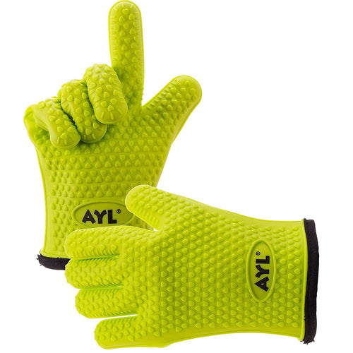 AYL Silicone Cooking Gloves - Heat Resistant Oven Mitt for Grilling, BBQ, Kitchen - Safe Handling of Pots and Pans - Cooking and Baking Non-Slip Potholders - Internal Protective Cotton Layer