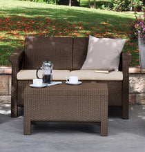 Keter Corfu Love Seat All Weather Outdoor Patio Garden Furniture w/ Cushions, Brown