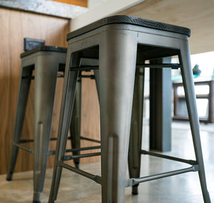 24&quot; Counter Height Bar Stools! (RUSTIC GUNMETAL and Wooden Seat) by UrbanMod, [Set Of 4] Stackable, Indoor/Outdoor, Kitchen BarStools,! 330LB Limit, Metal Bar Stools! Industrial, Steel, Counter Stools!