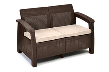 Keter Corfu Love Seat All Weather Outdoor Patio Garden Furniture w/ Cushions, Brown