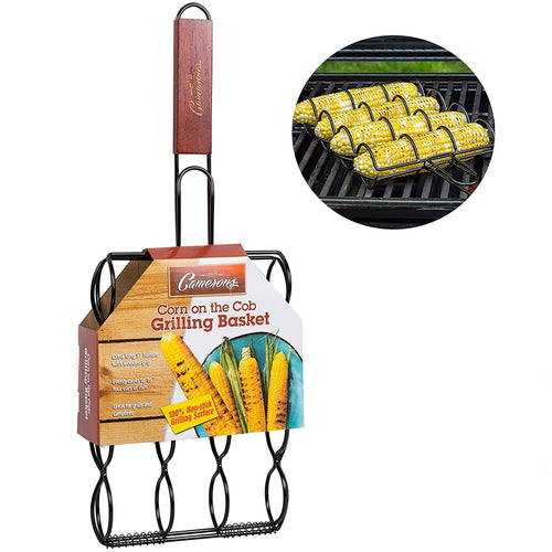 Corn Grilling Basket - Non-Stick Corn Griller with 9" Rosewood Handle - Cooks 4 Ears of Corn