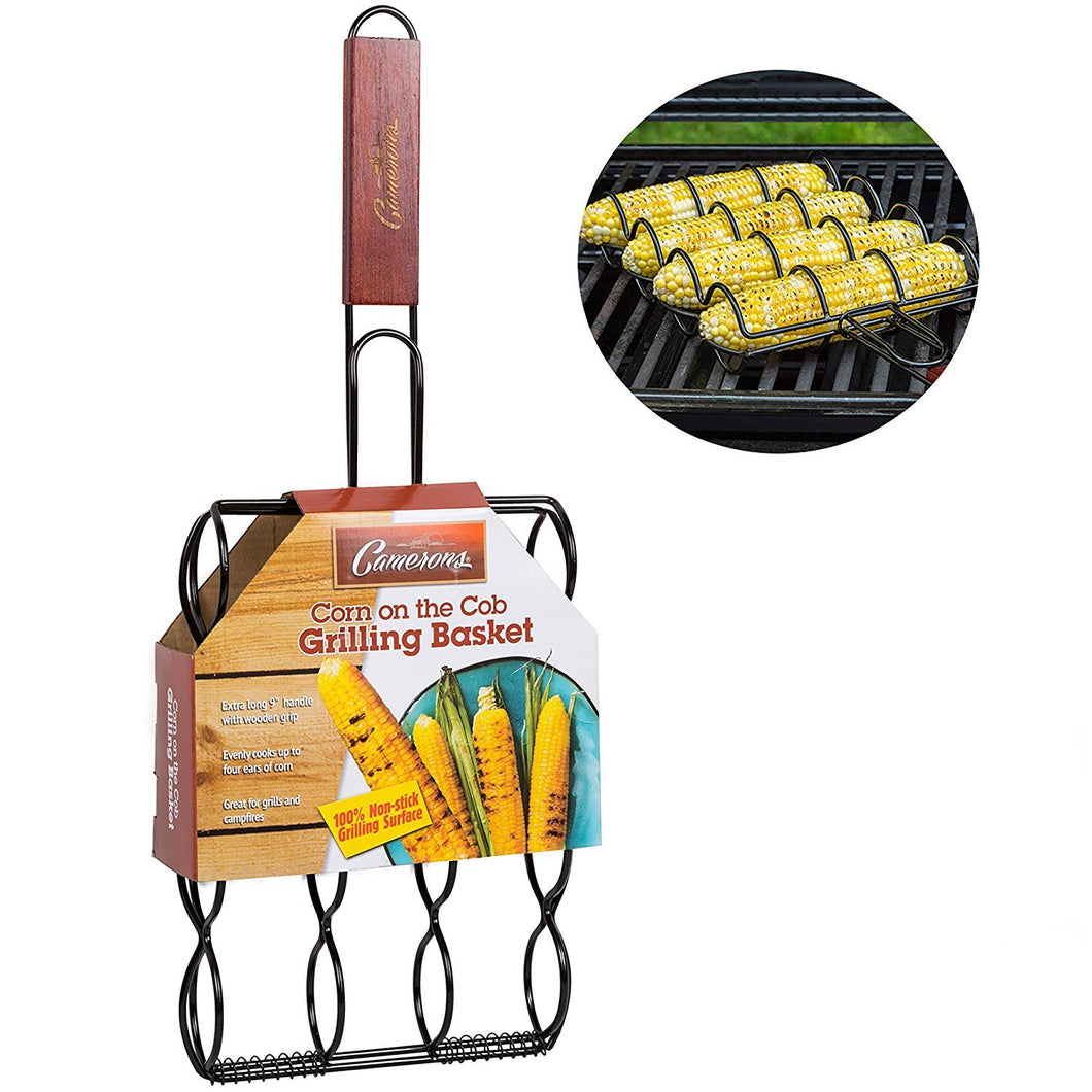 Corn Grilling Basket - Non-Stick Corn Griller with 9" Rosewood Handle - Cooks 4 Ears of Corn