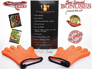 Cooking and Grilling Gloves for The Pro Chef|Extreme Cool and Heat Resistant|Oven Mitts for BBQ Smokers and Grillers.Washable Cotton Lining|Insulated|Waterproof| 2 Bonuses - 2 Sticky Hooks + eBook