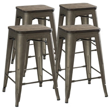 24&quot; Counter Height Bar Stools! (RUSTIC GUNMETAL and Wooden Seat) by UrbanMod, [Set Of 4] Stackable, Indoor/Outdoor, Kitchen BarStools,! 330LB Limit, Metal Bar Stools! Industrial, Steel, Counter Stools!