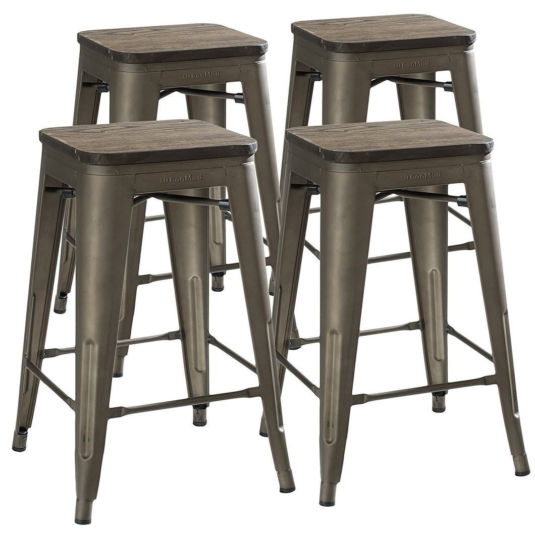 24" Counter Height Bar Stools! (RUSTIC GUNMETAL and Wooden Seat) by UrbanMod, [Set Of 4] Stackable, Indoor/Outdoor, Kitchen BarStools,! 330LB Limit, Metal Bar Stools! Industrial, Steel, Counter Stools!