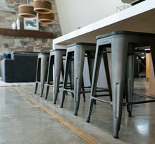 24&quot; Counter Height Bar Stools! (RUSTIC GUNMETAL and Wooden Seat) by UrbanMod, [Set Of 4] Stackable, Indoor/Outdoor, Kitchen BarStools,! 330LB Limit, Metal Bar Stools! Industrial, Steel, Counter Stools!