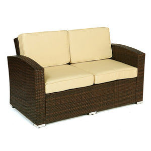 Carabelle Outdoor Wicker Patio 4 Piece Conversation Set with Seat Cushions, Dark Brown and Beige