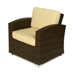 Carabelle Outdoor Wicker Patio 4 Piece Conversation Set with Seat Cushions, Dark Brown and Beige