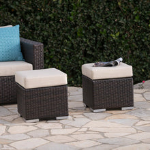 Malibu Outdoor 16 Inch Multibrown Wicker Ottoman Seat with Beige Water Resistant Cushion (Set of 2)