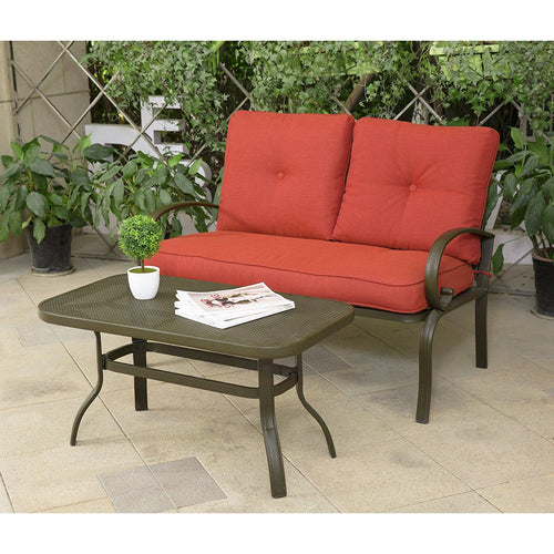 Cloud Mountain Patio Loveseat Outdoor 2 PCs Loveseat Furniture Set Garden Patio Love Seat Bench Sofa With Cushions, Brick Red