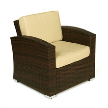 Carabelle Outdoor Wicker Patio 4 Piece Conversation Set with Seat Cushions, Dark Brown and Beige