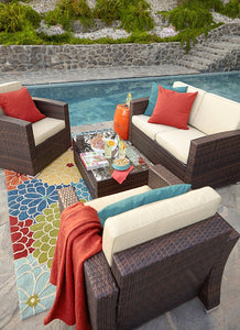 Carabelle Outdoor Wicker Patio 4 Piece Conversation Set with Seat Cushions, Dark Brown and Beige